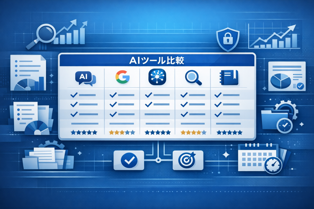 業務効率化に使えるAIツールを比較一覧で整理した図解画像。複数のAIツールを横並びで比較し、機能や使い方の違いをイメージできるビジュアル。