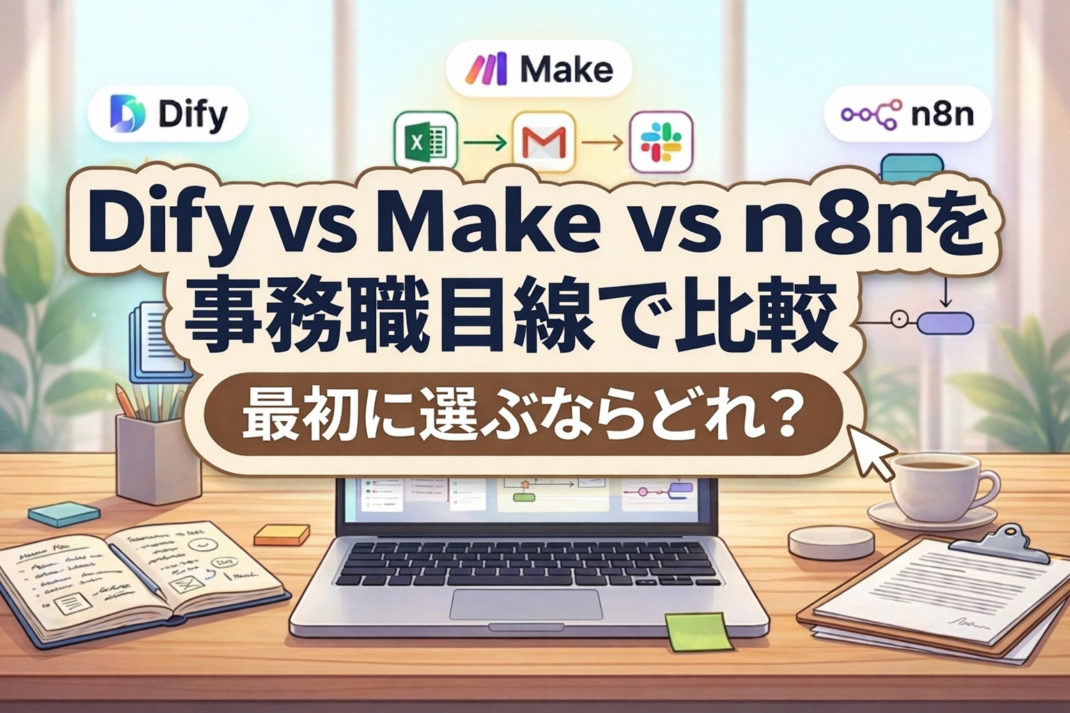 Dify・Make・n8nを事務職目線で比較し、最初に選ぶツールを考える記事のアイキャッチ画像。ノートPCと事務机を背景に、3つのAI自動化ツールを比較しているイメージ