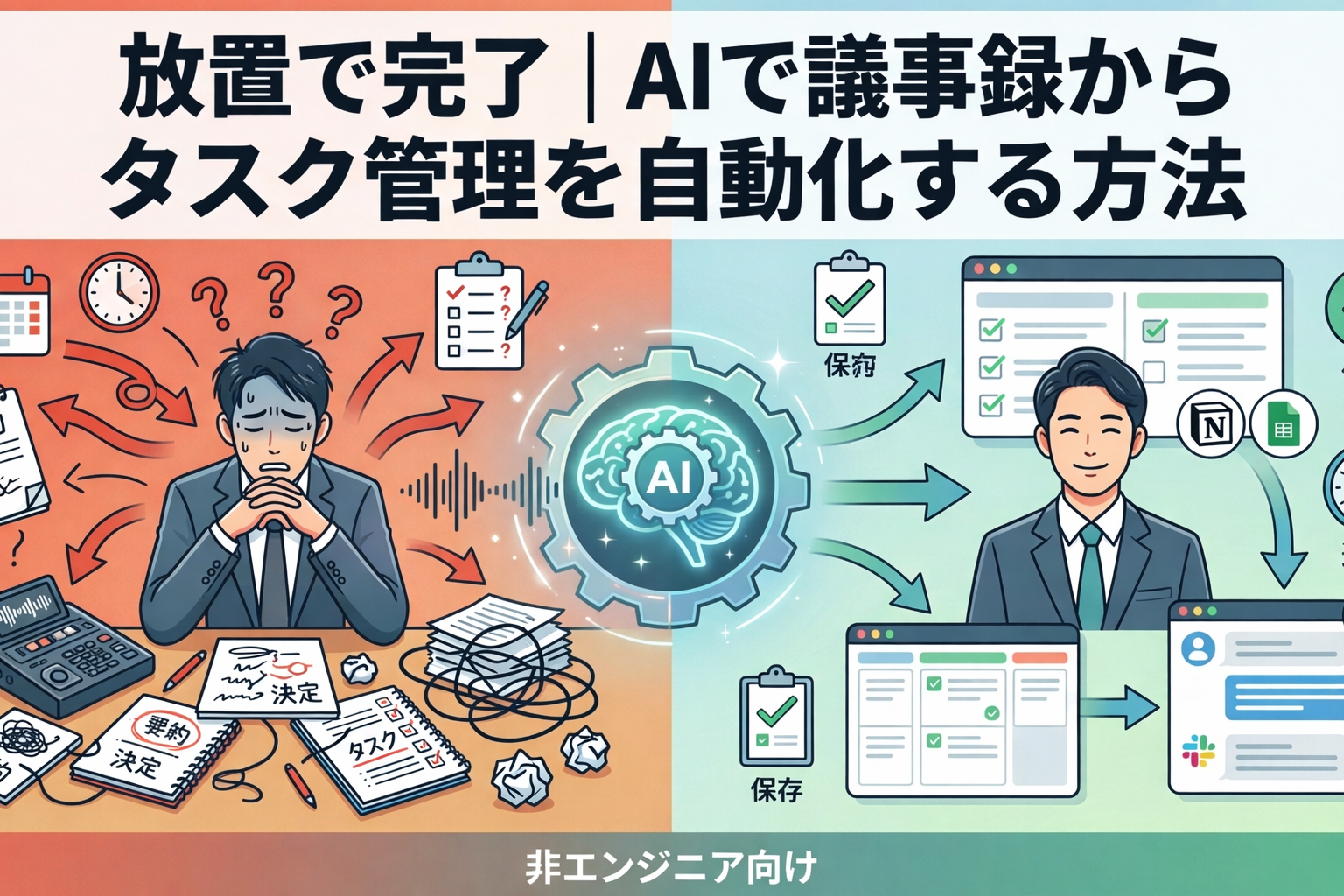 会議後の議事録からタスク抽出し、NotionやSlackへ自動連携・管理する方法の解説記事用アイキャッチ画像