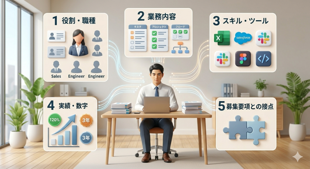 採用担当者が履歴書や職務経歴書で最初に確認しているポイントを示した図解