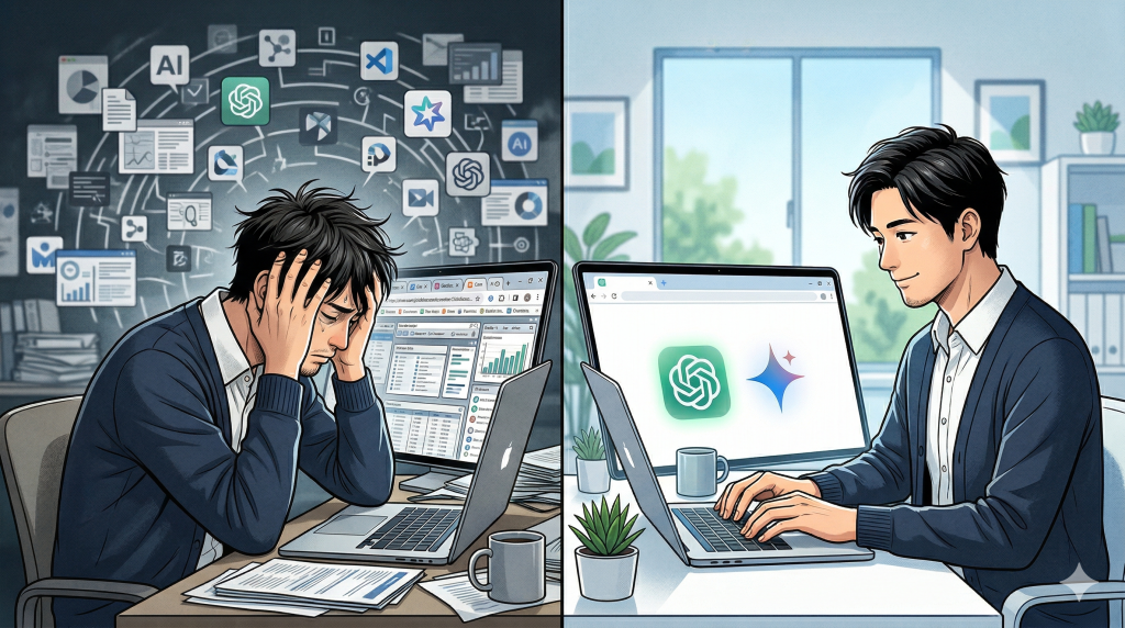左右に分かれたイラスト。左側は暗く、男性がデスクで頭を抱え、混乱した様子で多数のフローティングアイコンやグラフ、ドキュメントに囲まれている。右側は明るく、同じ男性が穏やかな表情でPCを使い、画面にはChatGPTとGeminiのロゴがシンプルに表示されている。