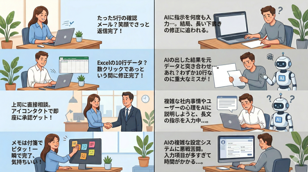 短いメールや少量のデータ修正など、AIより手作業の方が速い事務作業の特徴を示した図解