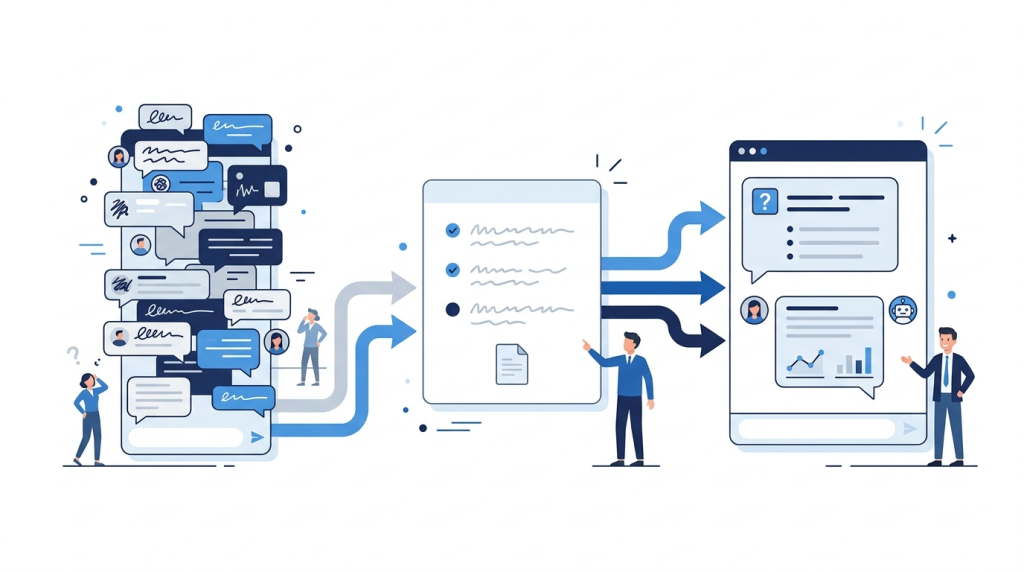 長いやり取りで散らかったチャットを要約し、新しいチャットへ引き継いで安定した出力にする流れを3段階で表した図解