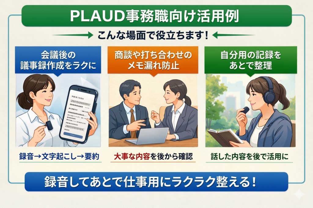 PLAUD NotePinは、議事録作成だけでなく、商談メモの取りこぼし防止や自分用メモの整理にも活用しやすい。