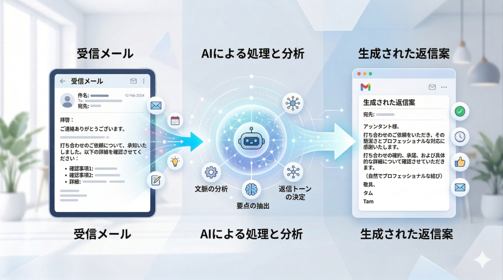受信メールをもとにAIが返信案を作成する流れを表した図解