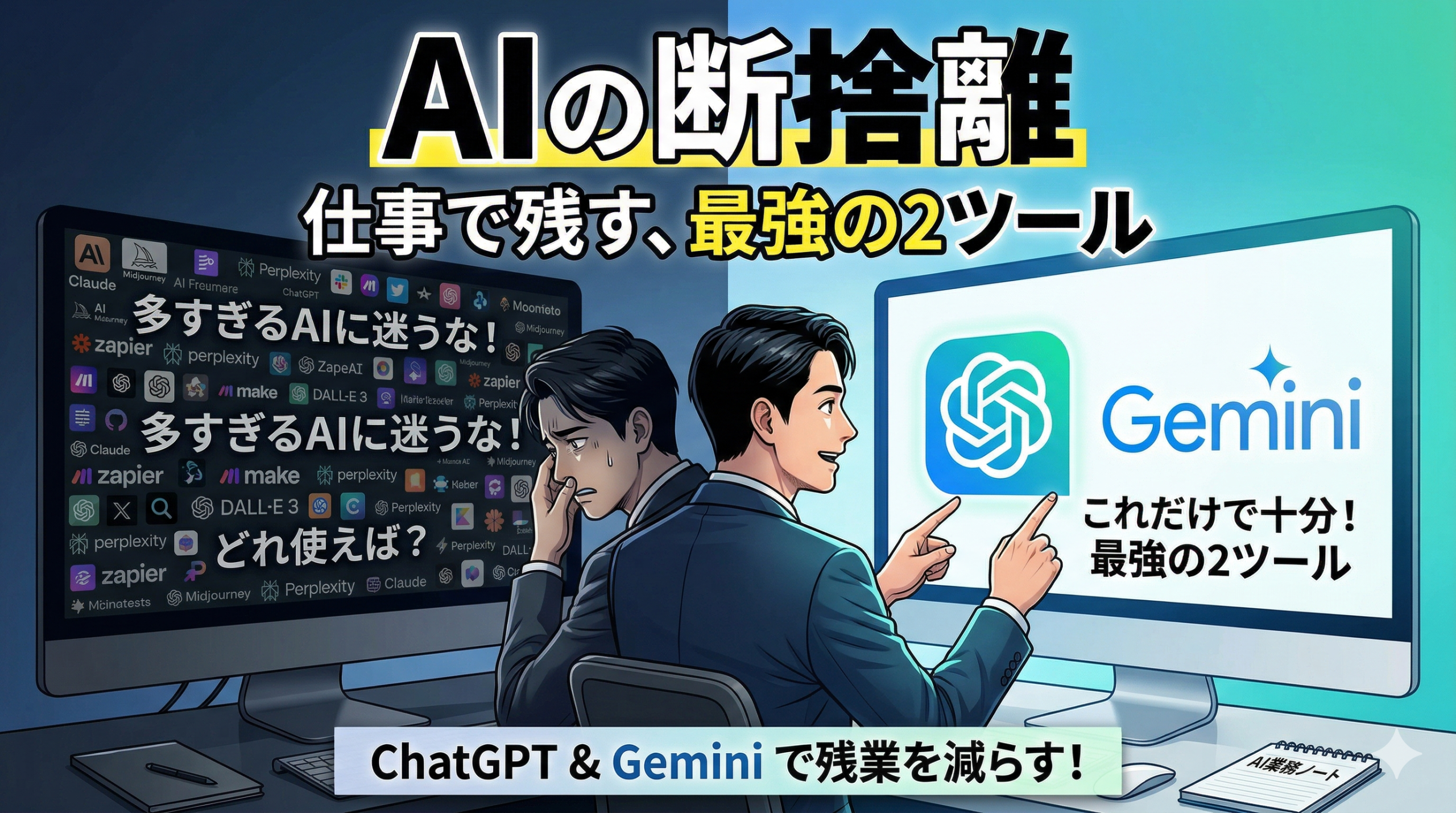 AIツールの多さに悩むビジネスパーソンと、ChatGPTとGeminiに絞って効率化に成功した人の対比イメージ図
