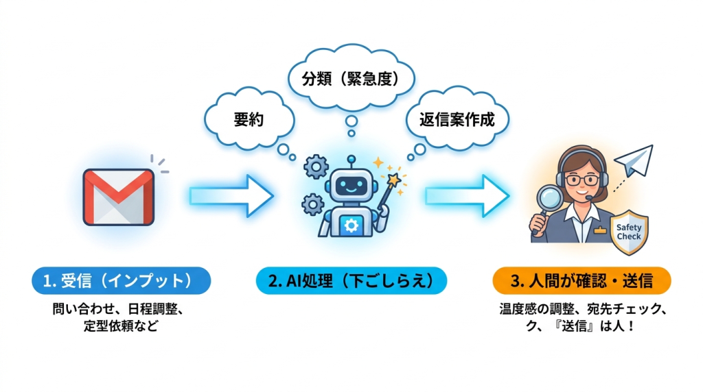 高品質なデジタルイラスト、クリーンな白背景。左から右へ流れる3つのステップのフロー図。モダンでミニマルなアイコンと日本語テキストで構成。矢印がステップをつないでいる。