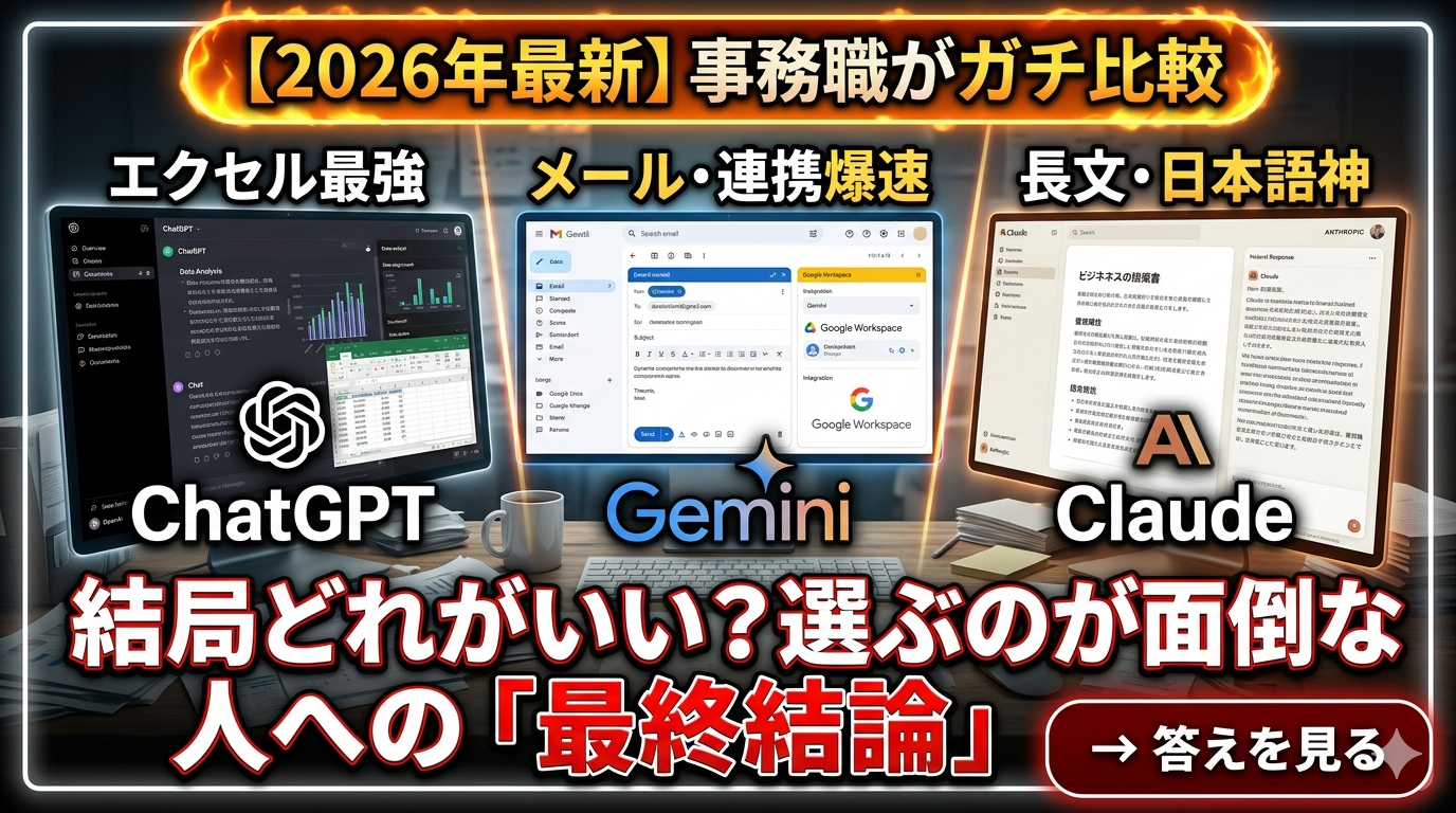 【2026年最新】ChatGPT・Gemini・Claudeの事務作業比較。選ぶのが面倒な人への最終結論のアイキャッチ画像