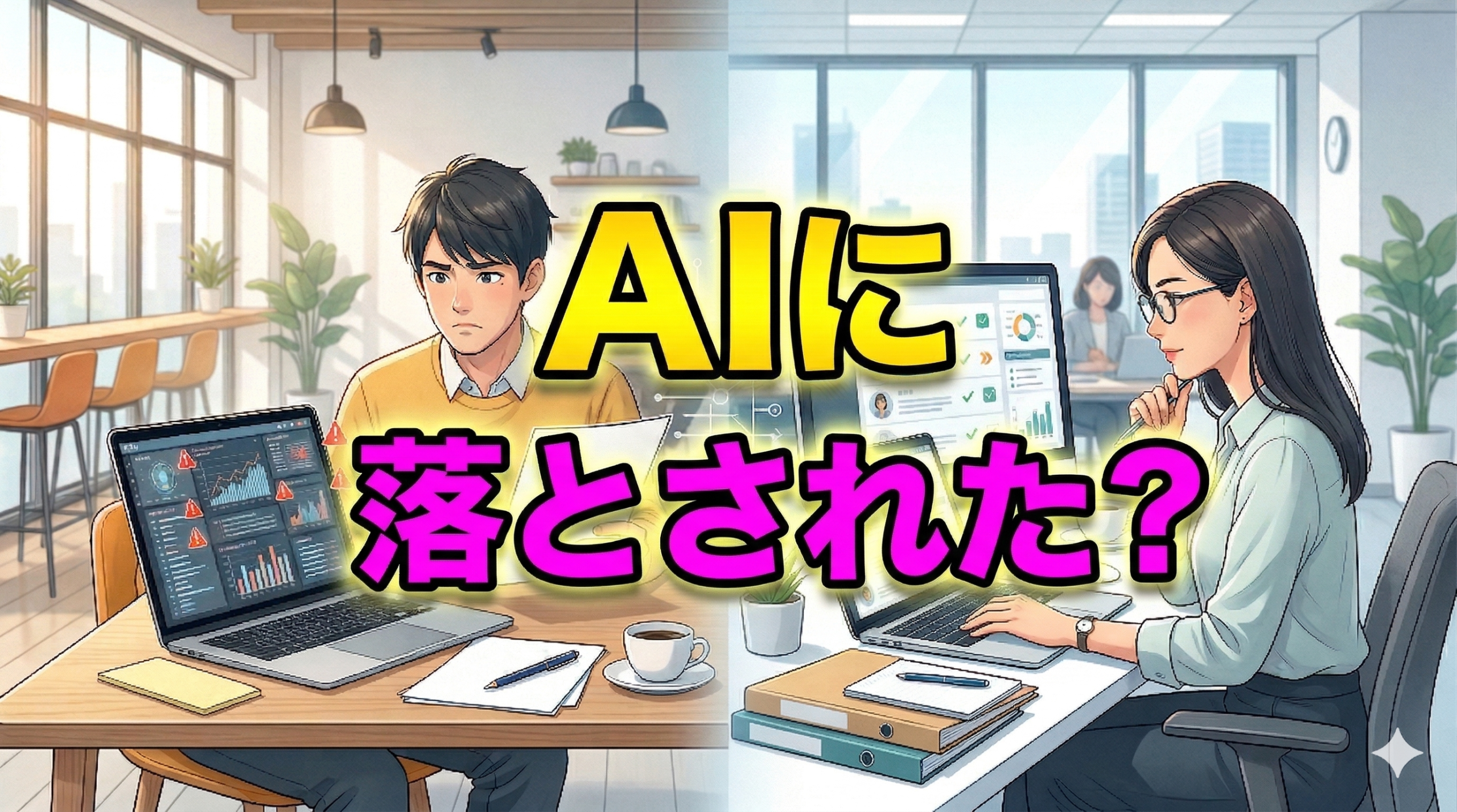 AIやATS時代の書類選考をテーマに、履歴書や職務経歴書を見直す求職者と応募書類を確認する採用担当者を表したアイキャッチ画像