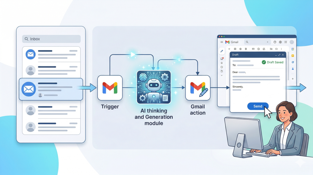 受信メールをもとにAIが返信案を作成し、Gmailの下書きに保存して人が確認する半自動フローの図解