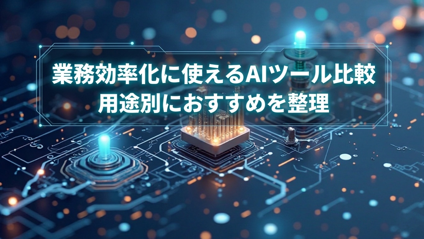 業務効率化に使えるAIツールを用途別に比較した記事のアイキャッチ画像。文章作成、調査、資料整理、デザイン、議事録などの用途に合わせておすすめを整理する内容を表現したビジュアル。