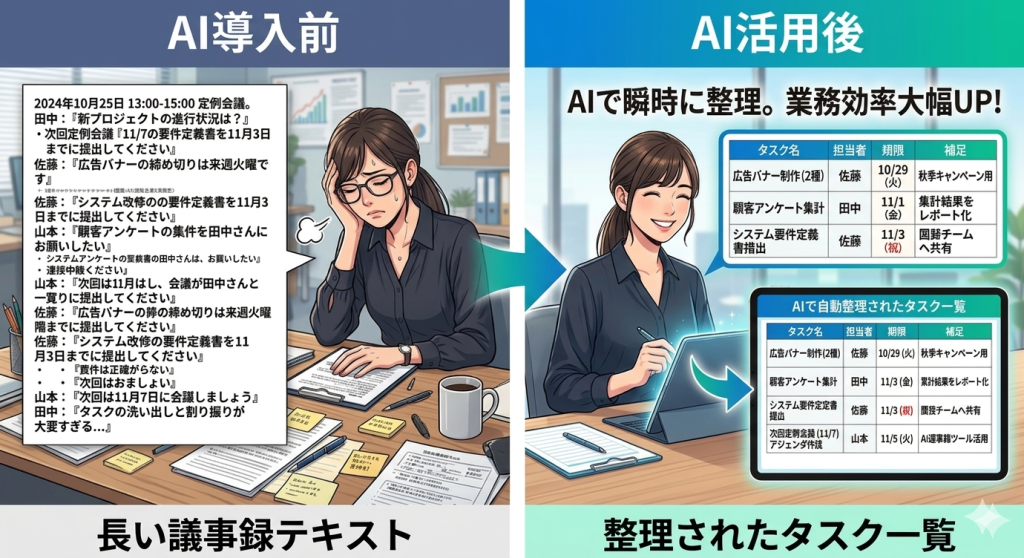 AI導入前後の比較。左側には文字が詰まった煩雑な議事録と悩む女性、右側にはAIで整理された見やすいタスク一覧(タスク名、担当者、期限、補足)と笑顔の女性の対比図。