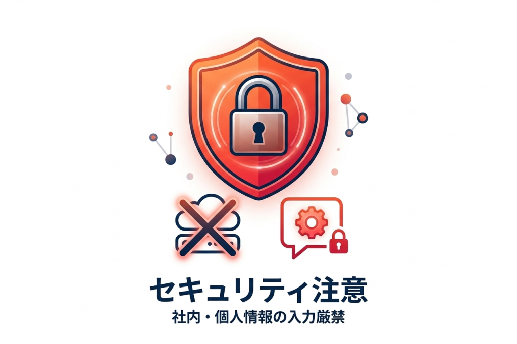 セキュリティ注意を呼びかける未来的なデザインのインフォグラフィック画像。中央に南京錠がかけられた大きな盾のアイコンがあり、上部に「セキュリティ注意」、下部に「社内・個人情報の入力厳禁」という日本語テキストが配置されている。背景にはデータインターフェースと、チェック、時計、クラウド、雷などの浮遊アイコンがある。