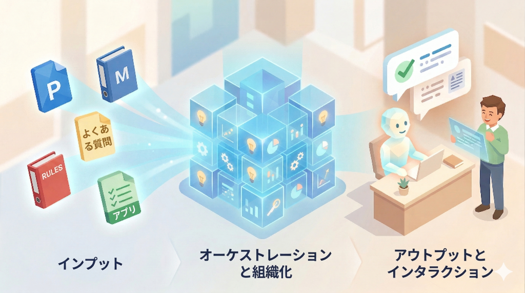 社内資料をDifyのナレッジ機能に読み込ませてAIの回答案につなげる図解