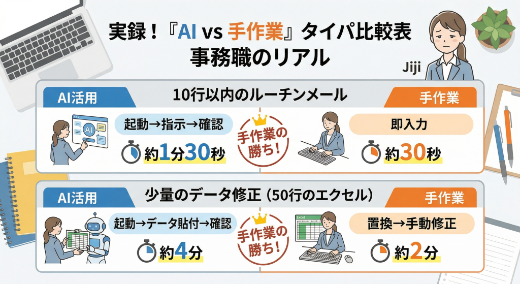 AI活用と手作業のタイムパフォーマンス比較表。10行以内のルーチンメール作成と、5行のエクセルデータ修正において、AIより手作業の方が早いことを実証する図解。