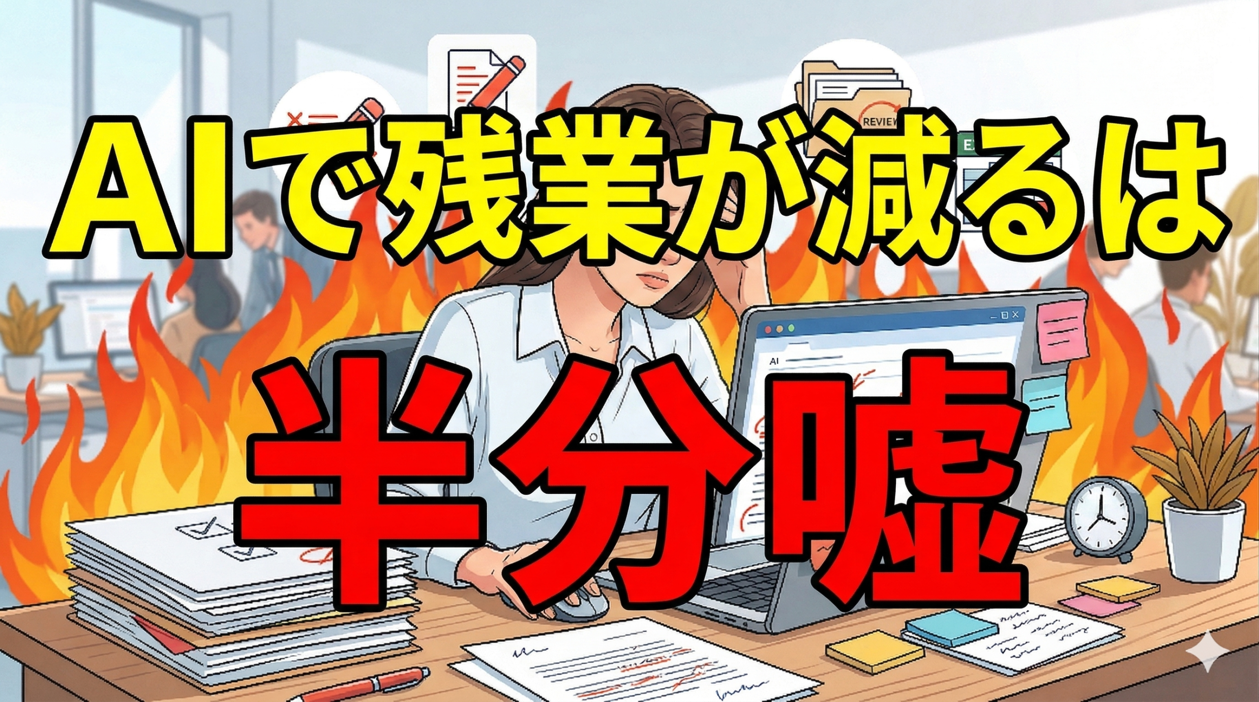 AIで残業が減るは半分嘘。 AI導入で効率化できると思ったのに、AIの出力確認や修正で逆に仕事が増えた事務職のリアルを表したアイキャッチ画像