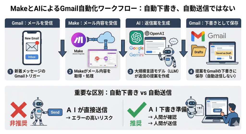 MakeとAIを連携させたGmail返信自動下書きのワークフロー図。ステップ1：メール受信、ステップ2：Makeで取得、ステップ3：AIで返信案生成、ステップ4：Gmailに下書き保存、という4つの流れを説明。下部では「AIが直接送信するリスク」と「人間が確認して送信する安全な運用」を比較解説している。