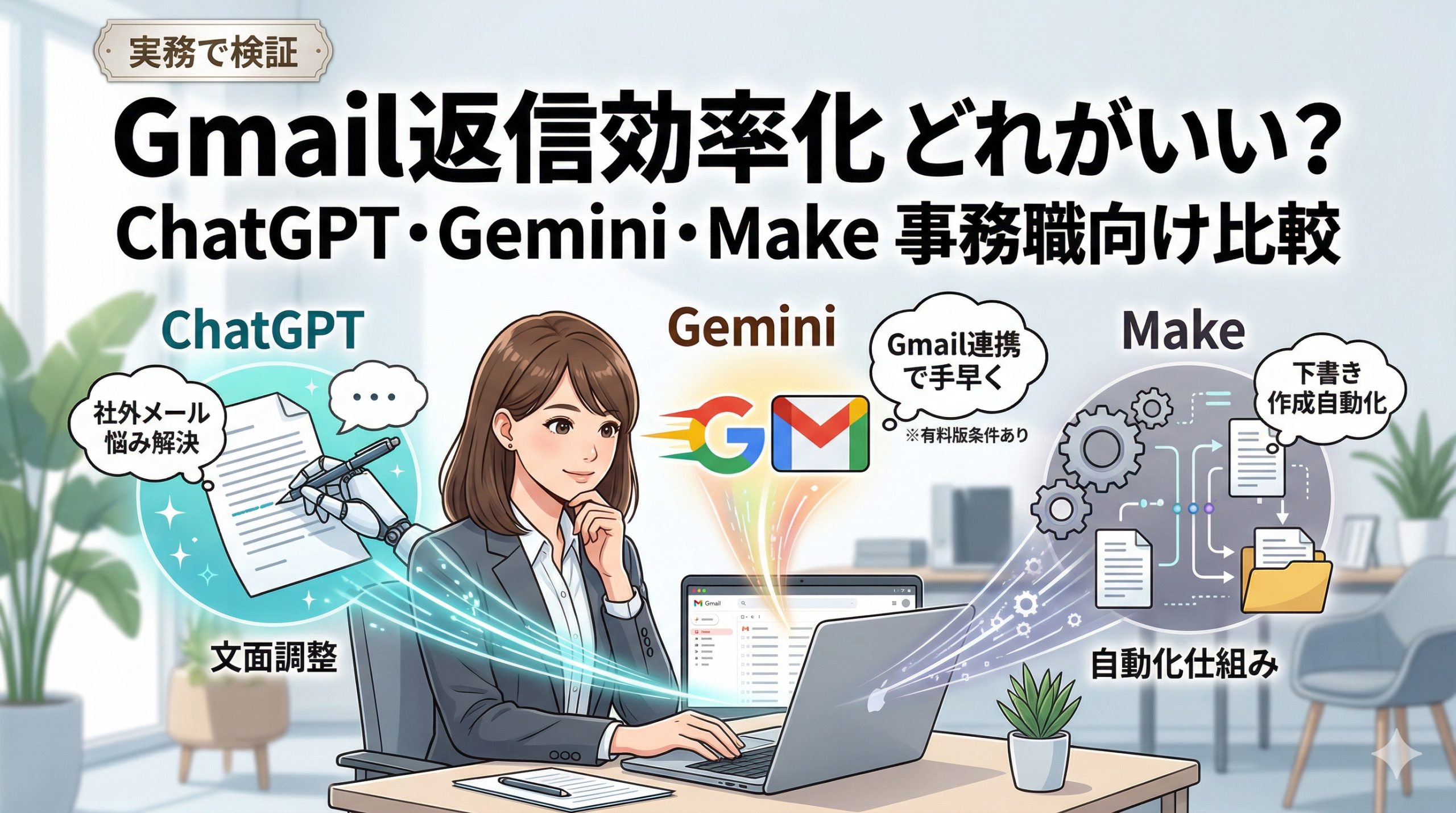 実務で検証。Gmail返信効率化ツールの比較アイキャッチ画像。パソコン画面から、ChatGPTによる文面調整、GeminiによるGmail連携、Makeによる下書き作成自動化の3つの活用経路が事務職女性に向かって伸びている図解。