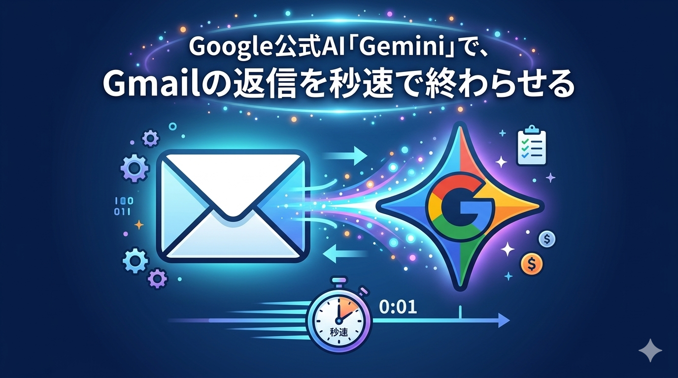 Google公式AI「Gemini」でGmailの返信を秒速で終わらせる方法の図解。手紙のアイコンとデータ流のデザイン。
