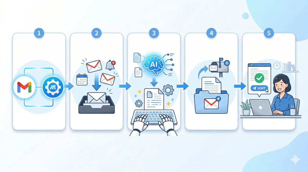 MakeでGmail返信の下書きを自動作成する流れを5つの手順で整理した図解