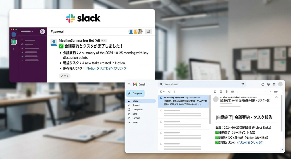 Slackとメールによる、AI自動化完了通知の合成画像。上部にはSlackの通知画面があり、AIボットから『会議要約とタスクが完了しました！』というメッセージと、会議要約、新規タスク、NotionタスクDBへのリンクが表示されている。下部にはメールの通知画面があり、AIから『[自動完了] 会議要約・タスク報告』というメールが届き、要約完了、新規タスク4件作成、Notionへのリンクが示されている。背景には blurred オフィスがあり、業務が自動でシームレスに完了したことを視覚化している。