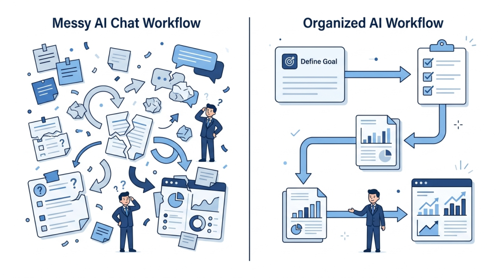 散らかった指示で不安定になるAIチャットと、前提を整理して安定した出力になるAIチャットを左右比較で表した図解