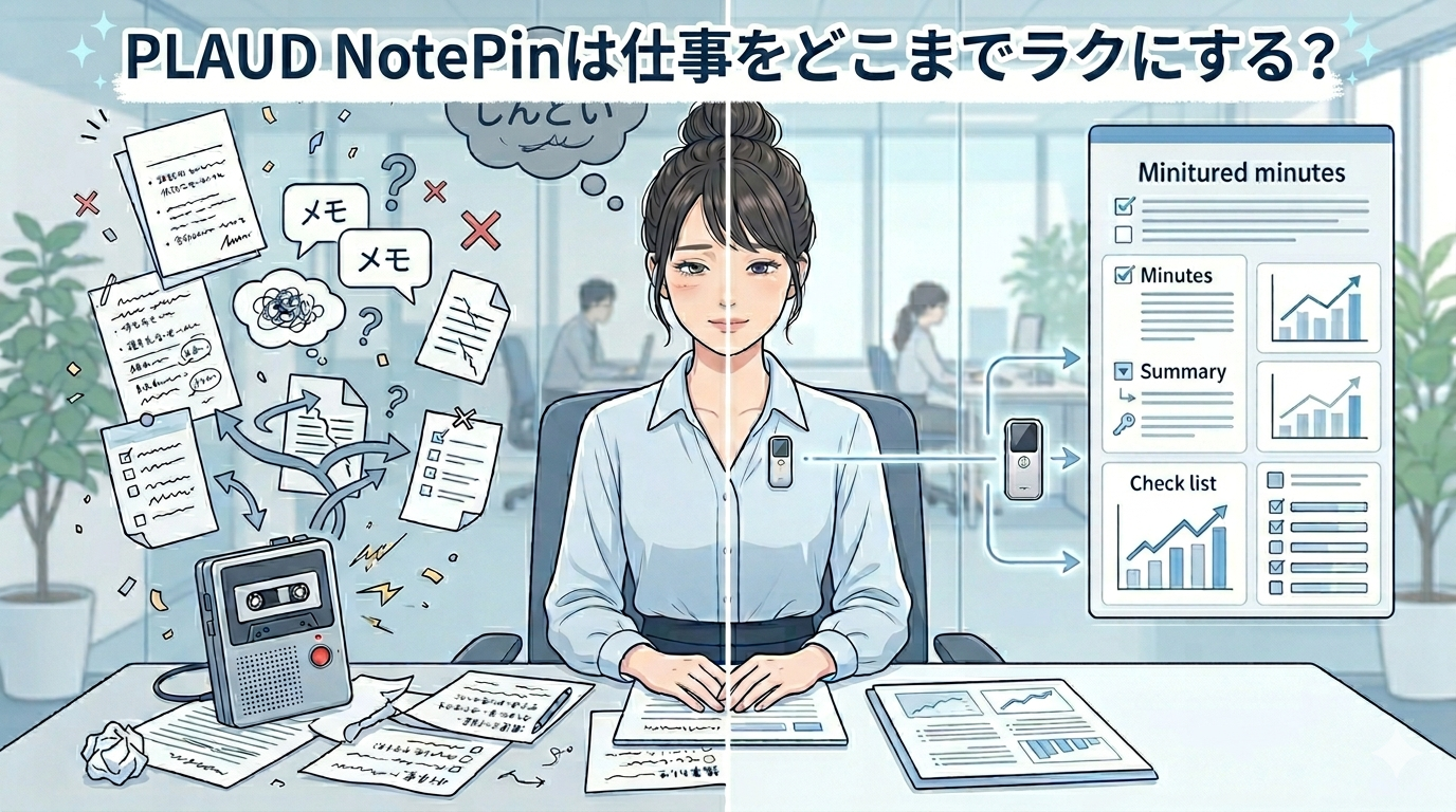 会議後の議事録作成に疲れた事務職の女性と、胸元のAIレコーダーから整理された議事録やToDoが表示されるアイキャッチ画像