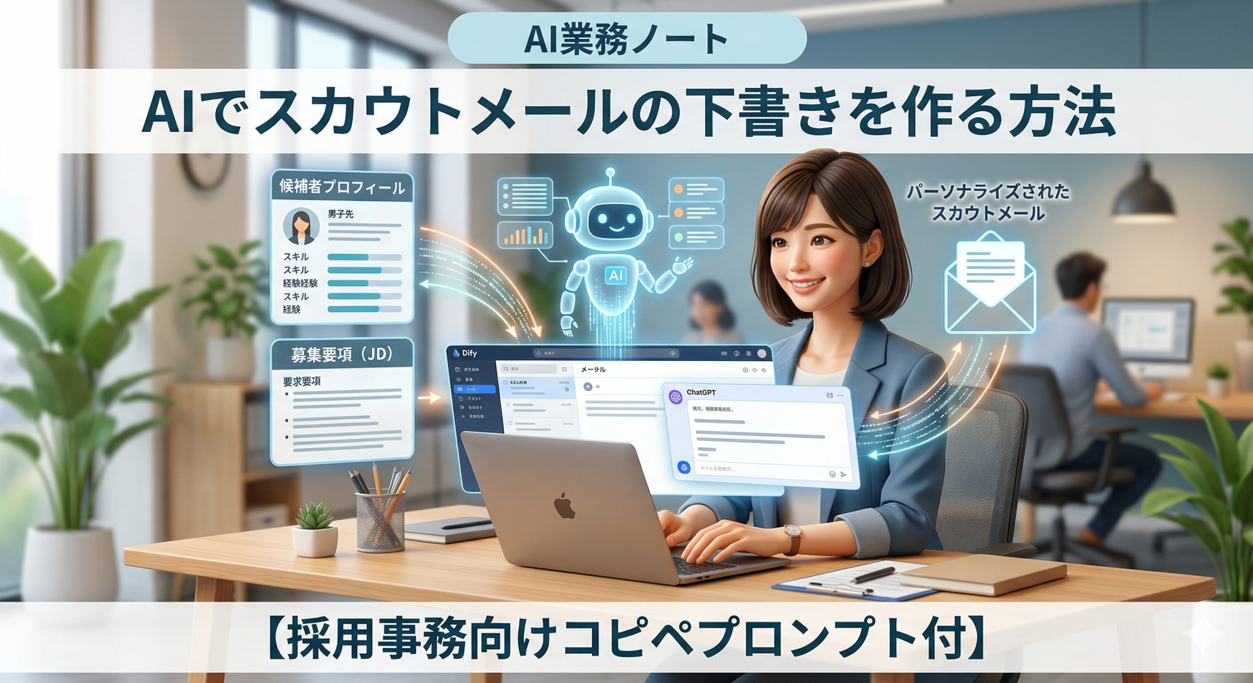 AIを使って採用事務のスカウトメール下書きを自動作成するイメージ図。DifyやGemini・ChatGPTで候補者プロフィールと募集要項を照らし合わせ、パーソナライズされたメールを生成する様子。