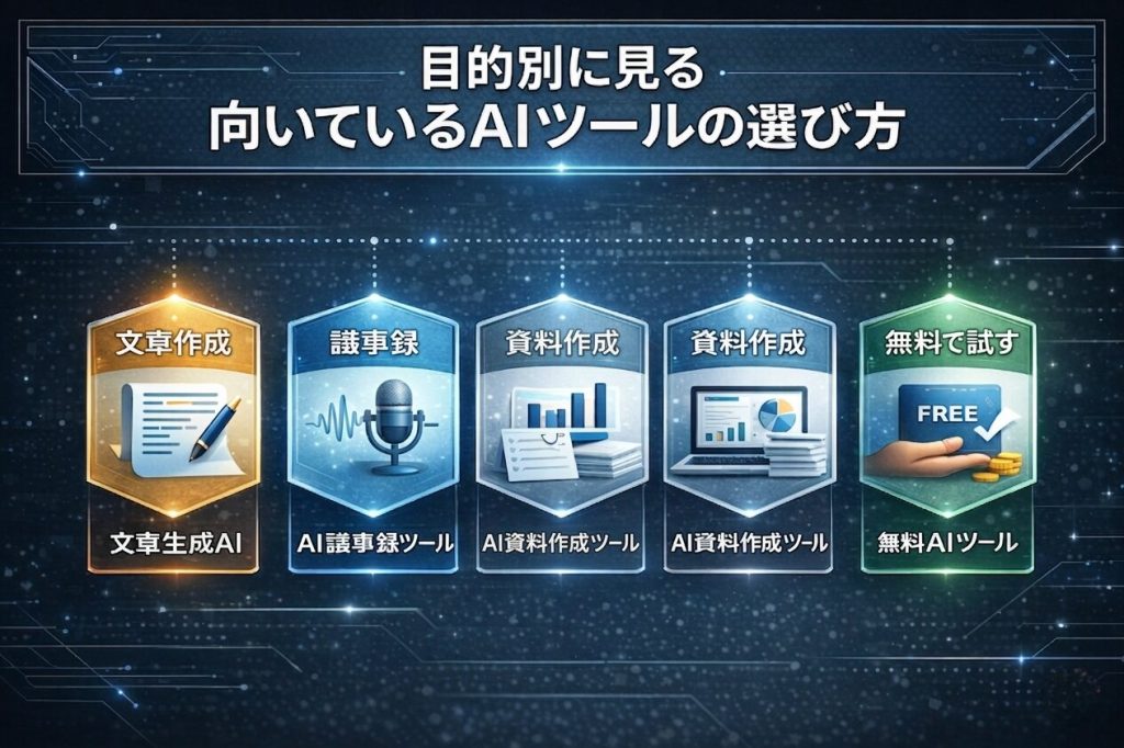 目的別に向いているAIツールの選び方を図解した画像。文章作成、議事録、資料作成、無料で試すという4つの目的ごとに、適したAIツールの方向性を示している。