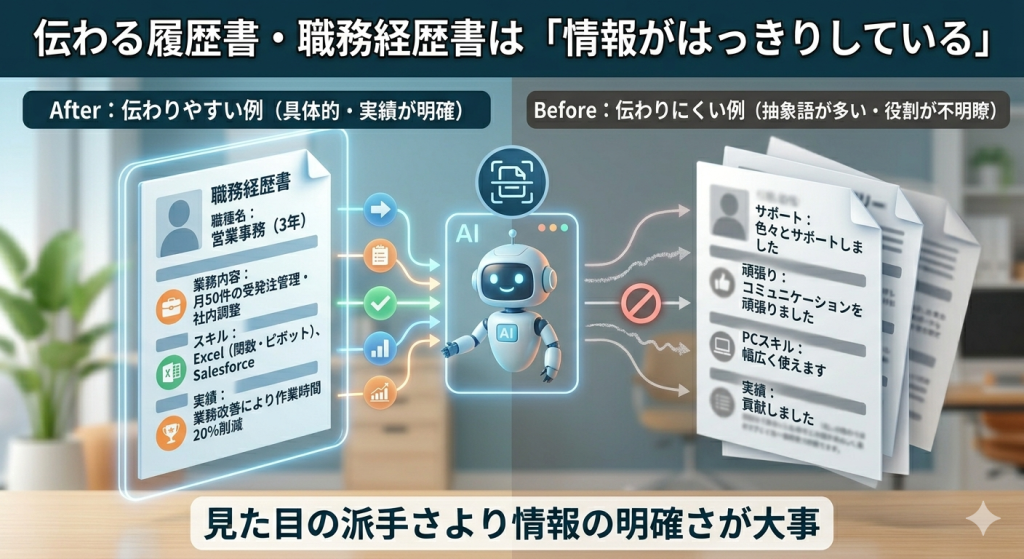 伝わりやすい履歴書・職務経歴書と、伝わりにくい書類の違いを比較した図解
