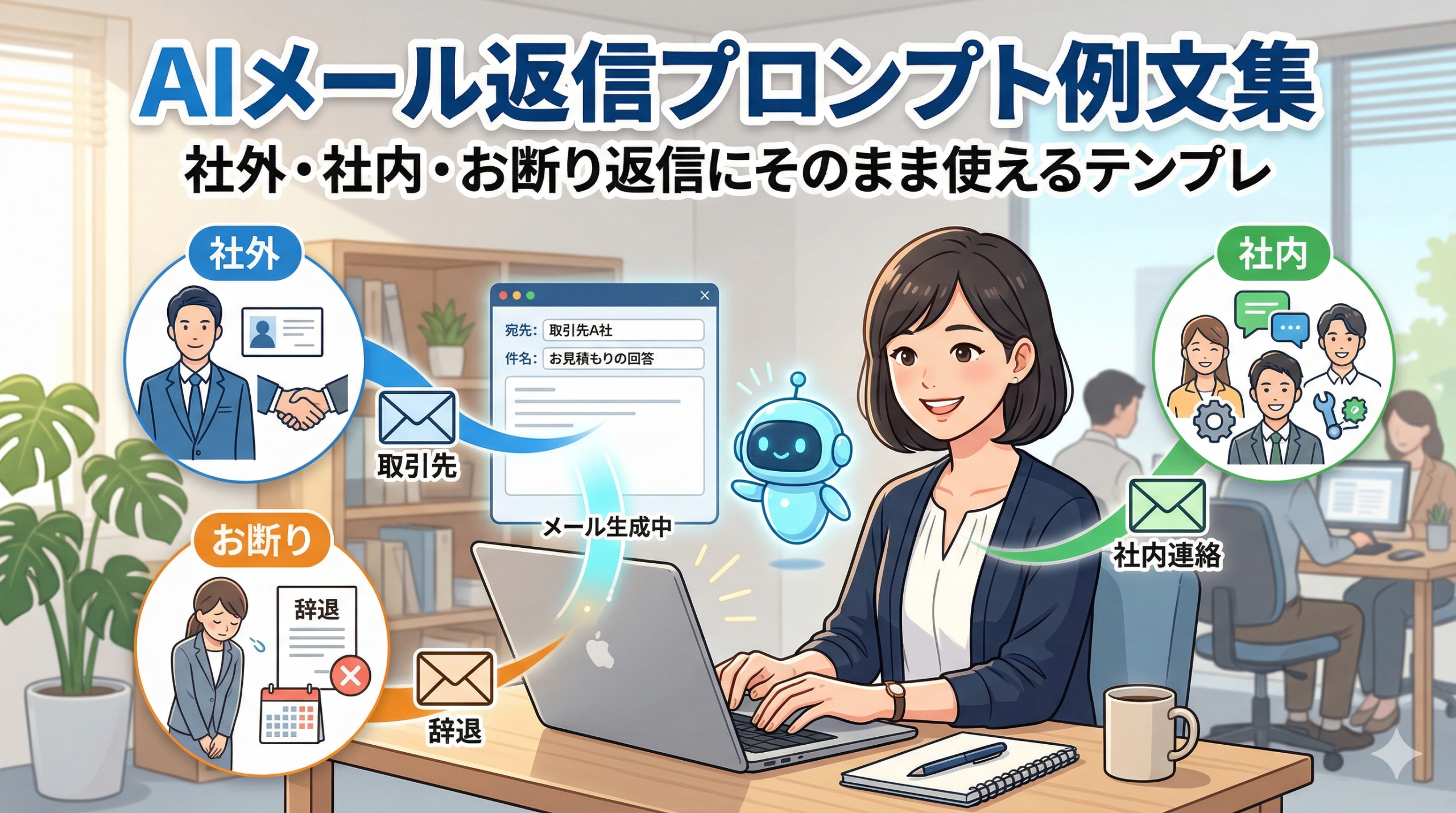 AIを使ってメール返信を効率化するイメージの、ノートPCとデスク周りを写したアイキャッチ画像