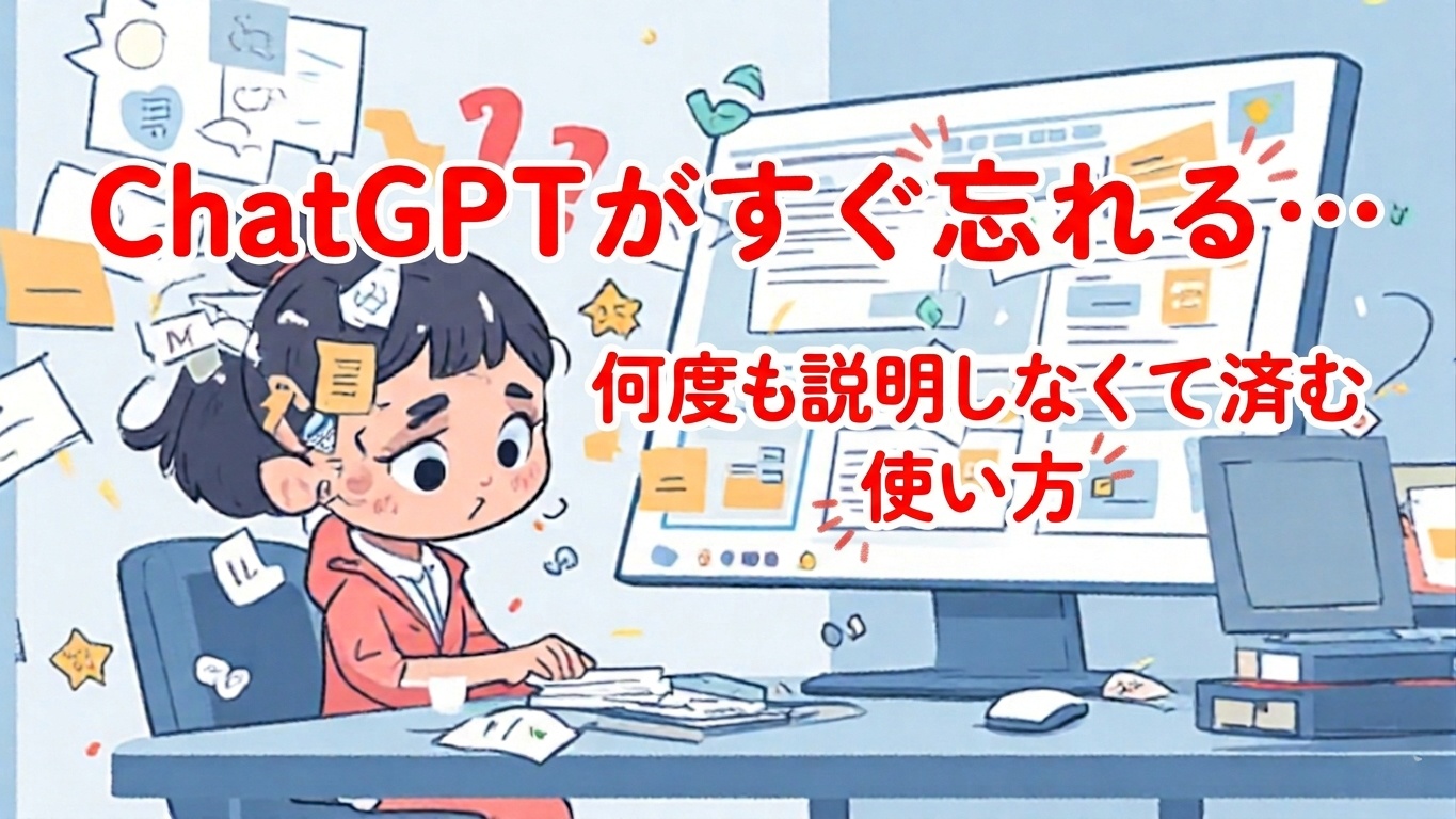 パソコンを見る事務職の女性のまわりに散らかったメモやチャット吹き出しが浮かび、右側で整理されたチェックリストやプロンプトに変わっていくアイキャッチ画像