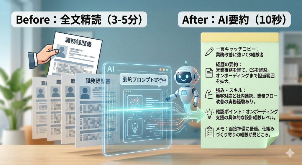 職務経歴書をAIで要約する前後の比較図。左側の「全文精読に3〜5分かかる書類」が、AIによって右側の「10秒で把握できるサマリー（キャッチコピー、強み、確認ポイント、メモ）」に整理される様子を描いたイラスト。