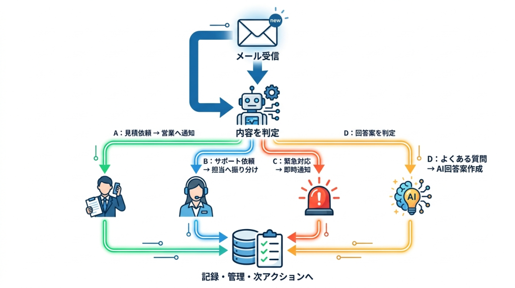 問い合わせ内容ごとに分岐して通知や回答案作成を行うn8n向き業務の図解