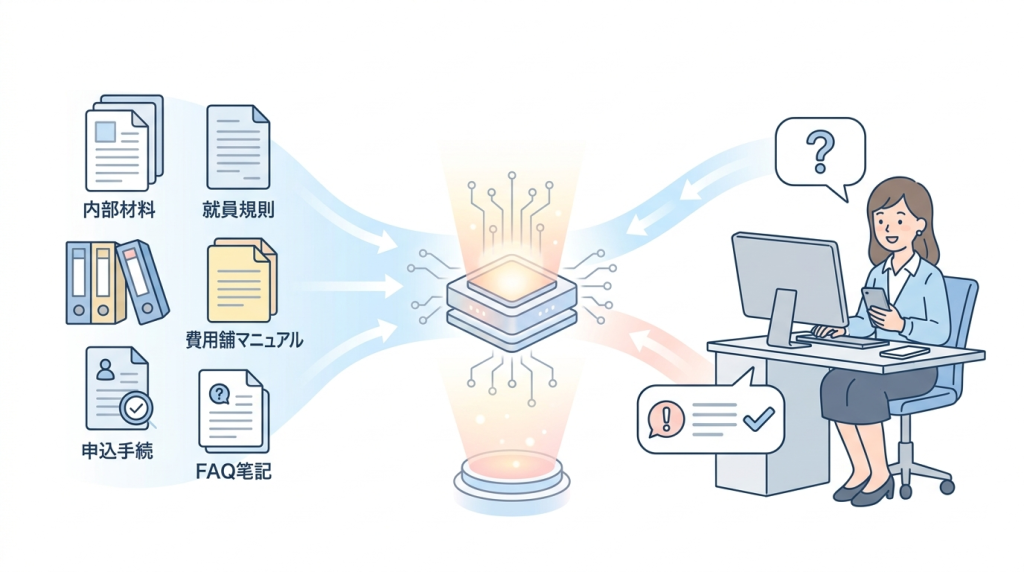 社内資料をもとにAIが質問への回答案を作る社内FAQボットの全体像を示した図解