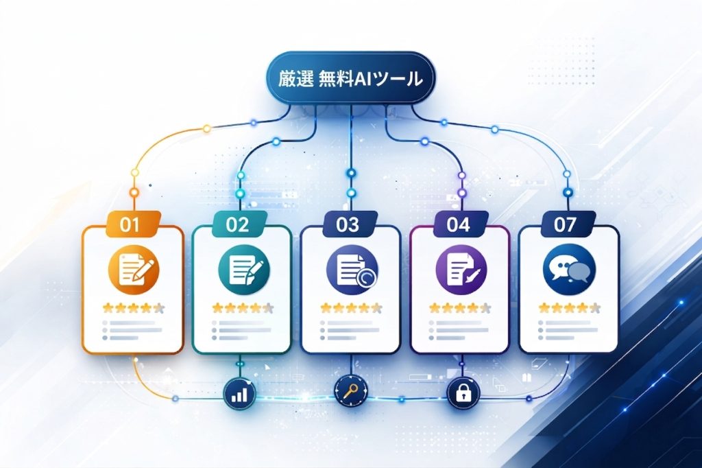 無料AIツールを用途別に整理した図解画像。文章作成、調査・情報収集、資料整理・要約、デザイン、議事録・文字起こしの目的ごとに選び方を示している。