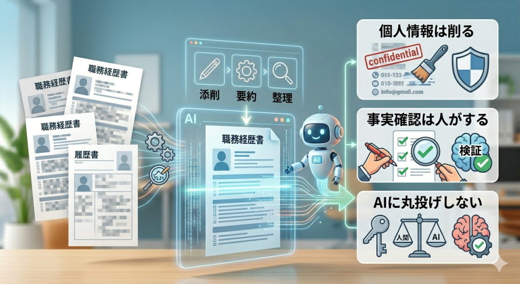 履歴書や職務経歴書をAIで安全に自己添削するときの流れを示した図解