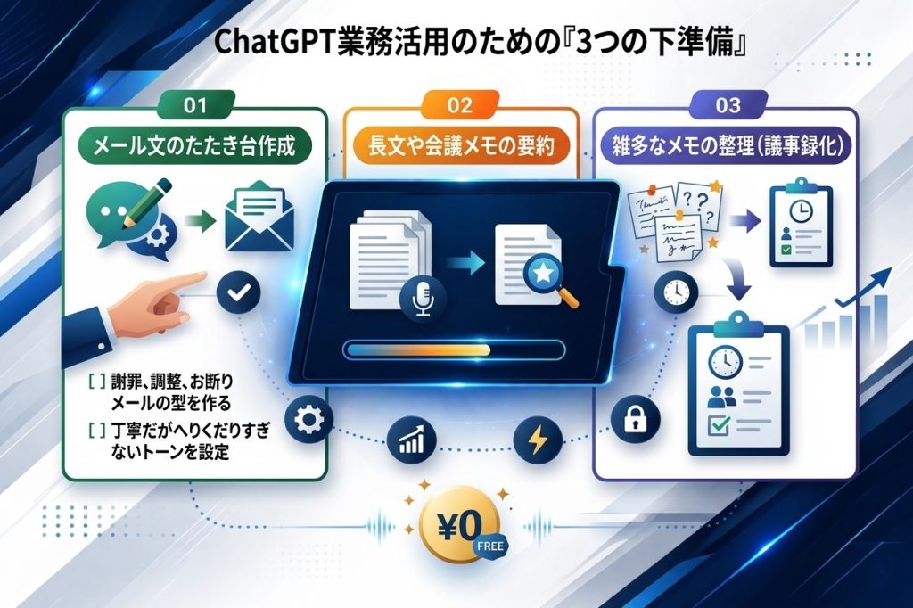 ChatGPT業務活用のための3ステップ図解。ステップ01：メール文のたたき台作成、ステップ02：長文や会議メモの要約、ステップ03：雑多なメモの整理（議事録化）。それぞれのステップに必要なアイコンと、無料（¥0 FREE）アイコンが配置されたインフォグラフィック。