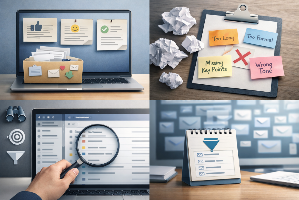 AIによるメール返信の精度向上プロセスを示したイメージ（成功例の蓄積、失敗パターンの見直し、対象メールの絞り込み）