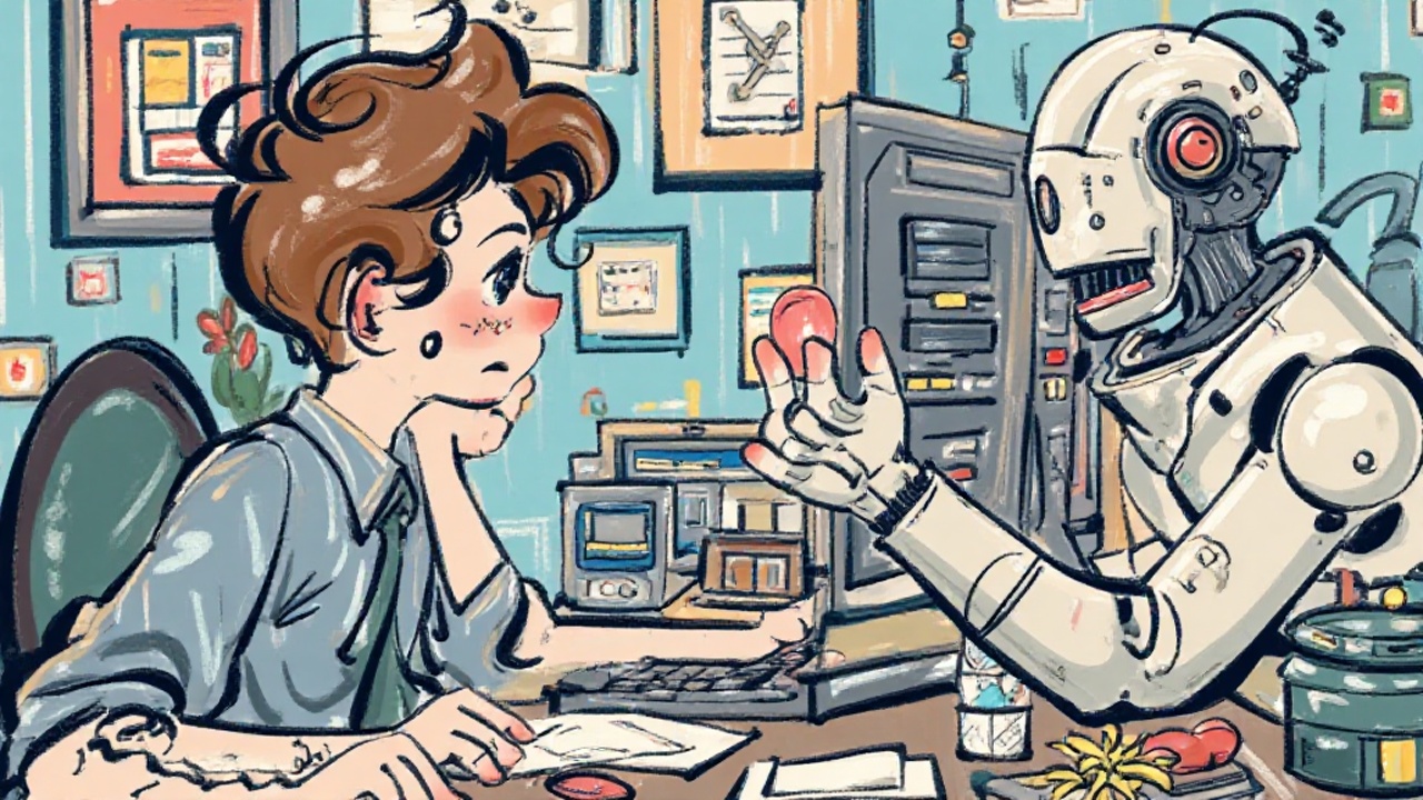 悩んでいる会社員とAIが解決しているポップなイラスト