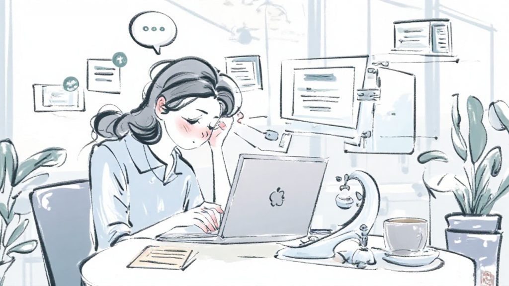 パソコンに向かいAIに失敗してこまっている事務職員の画像。