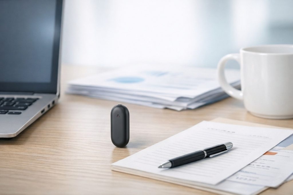 清潔感のあるデスクの上にある、PLAUD NotePin 、ウェアラブル型のAIボイスレコーダー