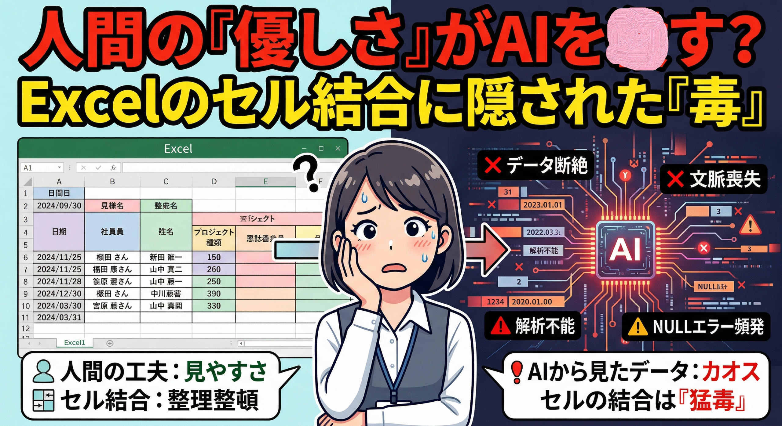 セル結合された美しいExcel表と、それを読み込めずにエラーを起こすAIの対比図。マシンリーダブルなデータ構造の重要性を説明するイラスト