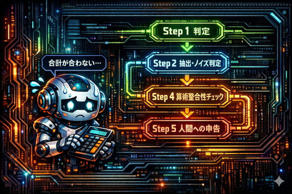 AIが自ら不整合を検知し、人間に確認を促す5ステップのワークフロー図。