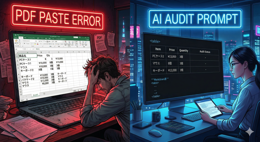 PDFのコピペ崩れによる入力ミスと、AI監査プロンプトによる整然とした抽出結果の比較図。