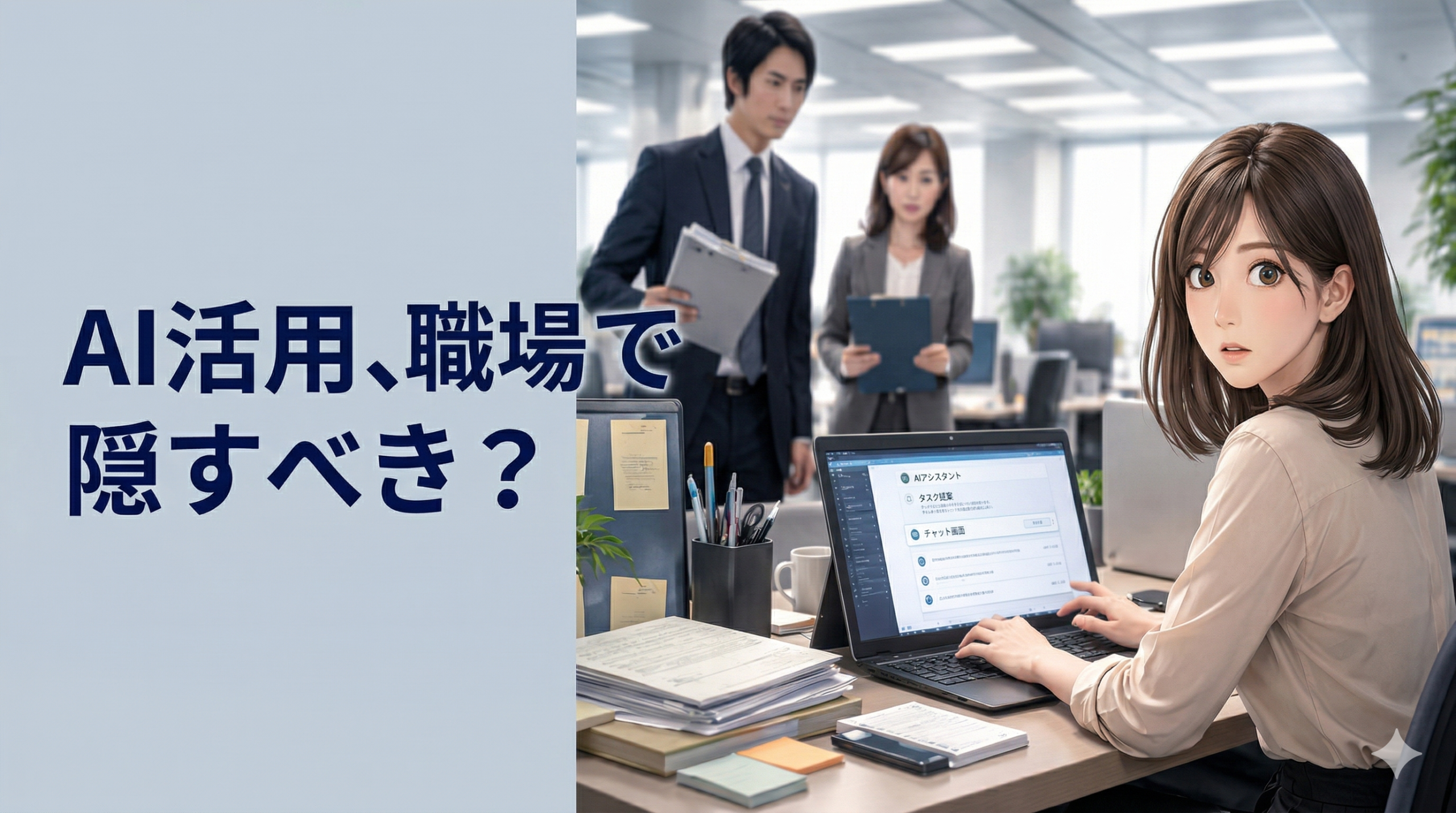 「オフィスでAIを使いながら、押し付けられる追加タスクの山を制止し、品質の高い成果物をマネージャーに提出する日本の女性事務職。ラップトップからAIの光が放たれている。」