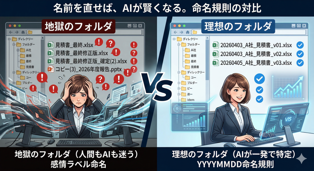煩雑な「最終」ファイルが並ぶフォルダと、YYYYMMDD形式で整列された理想的なフォルダの対比。AIが迷わないデータ整理の重要性を示す図解。