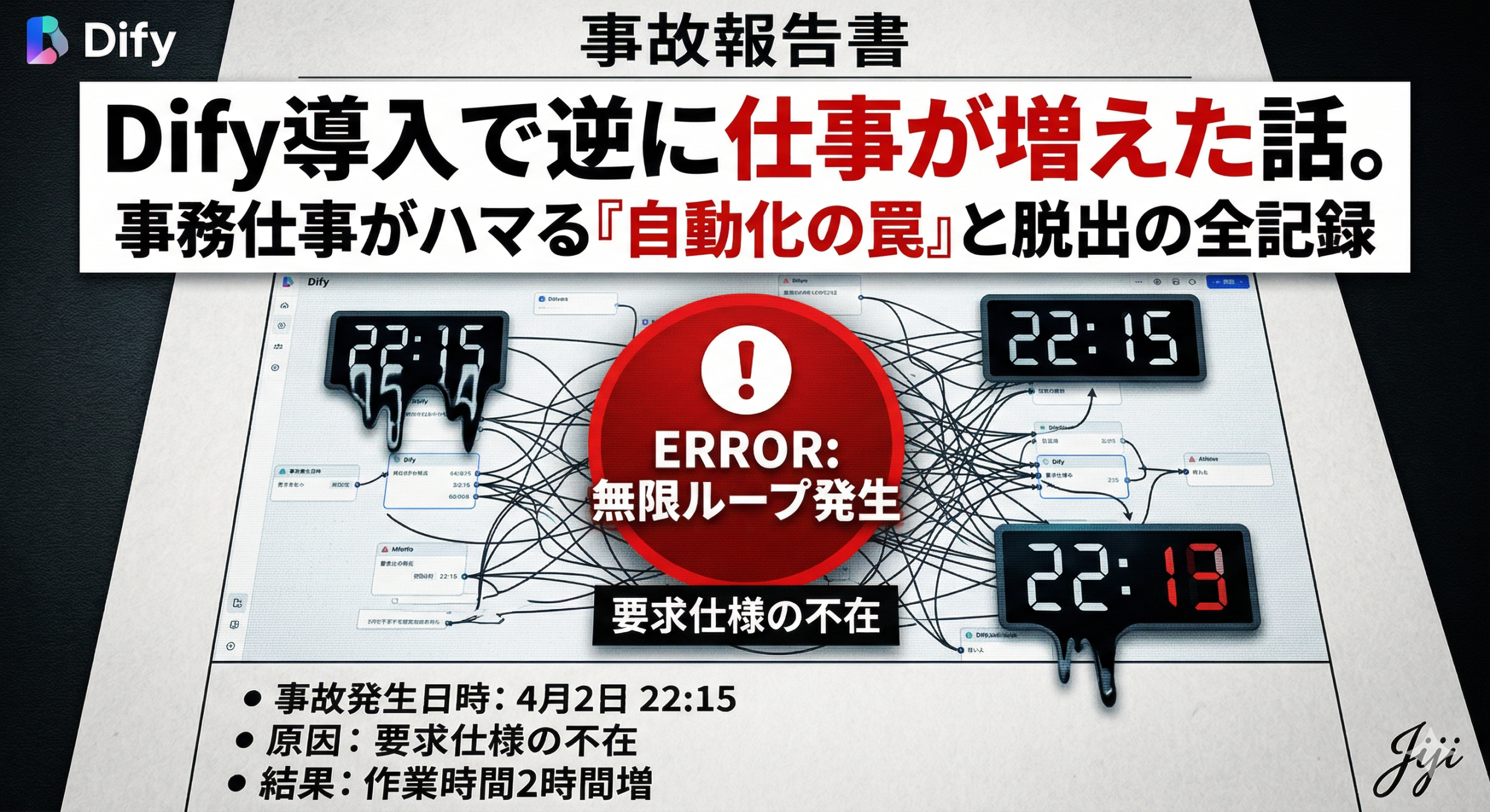 Difyの複雑なワークフロー図に「無限ループ発生」の警告が表示された、事務職の自動化失敗に関する事故報告書風のアイキャッチ画像