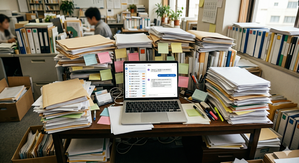 NotebookLMに議事録やPDF、定型文メールを読み込ませて資料探しを効率化するイメージ画像