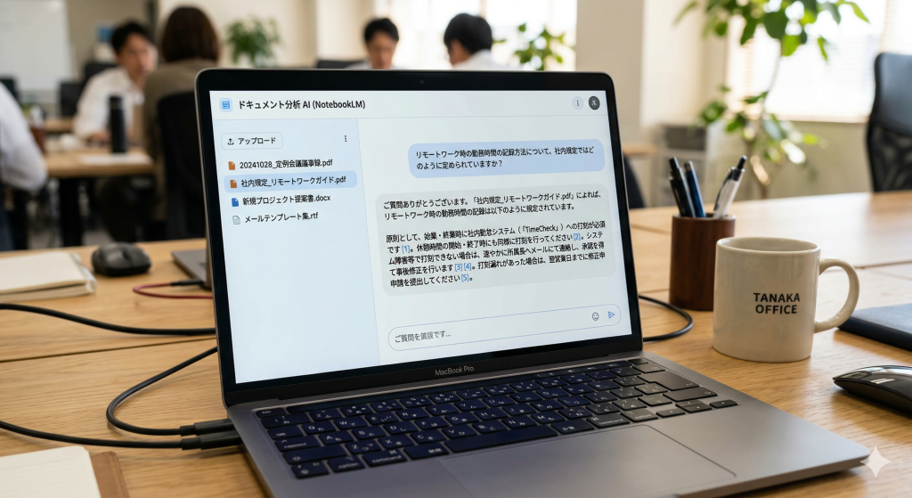 NotebookLMで実務資料を検索し、質問への回答と出典を表示しているイメージ画像
